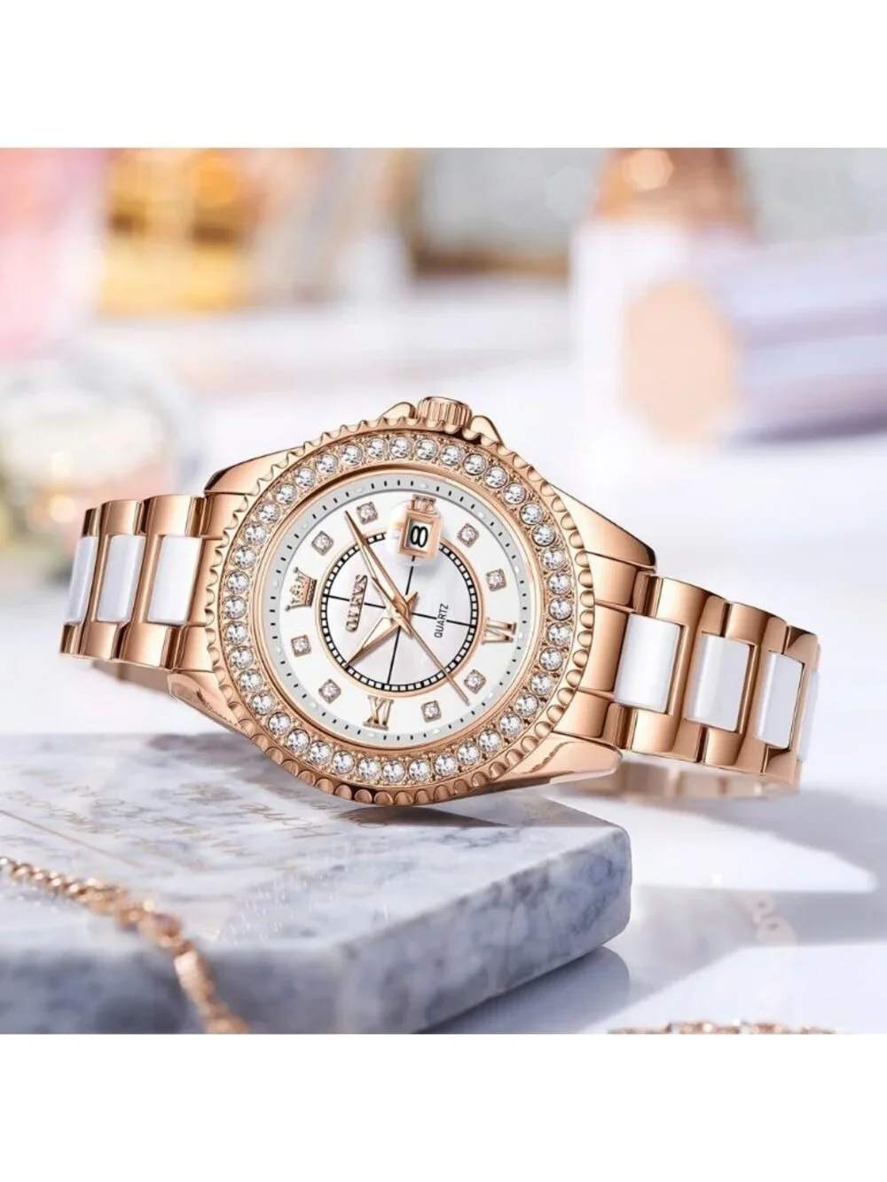 Olevs Women's White Rose Gold Skeleton Diamond Automatic Elegant Luxury Watch